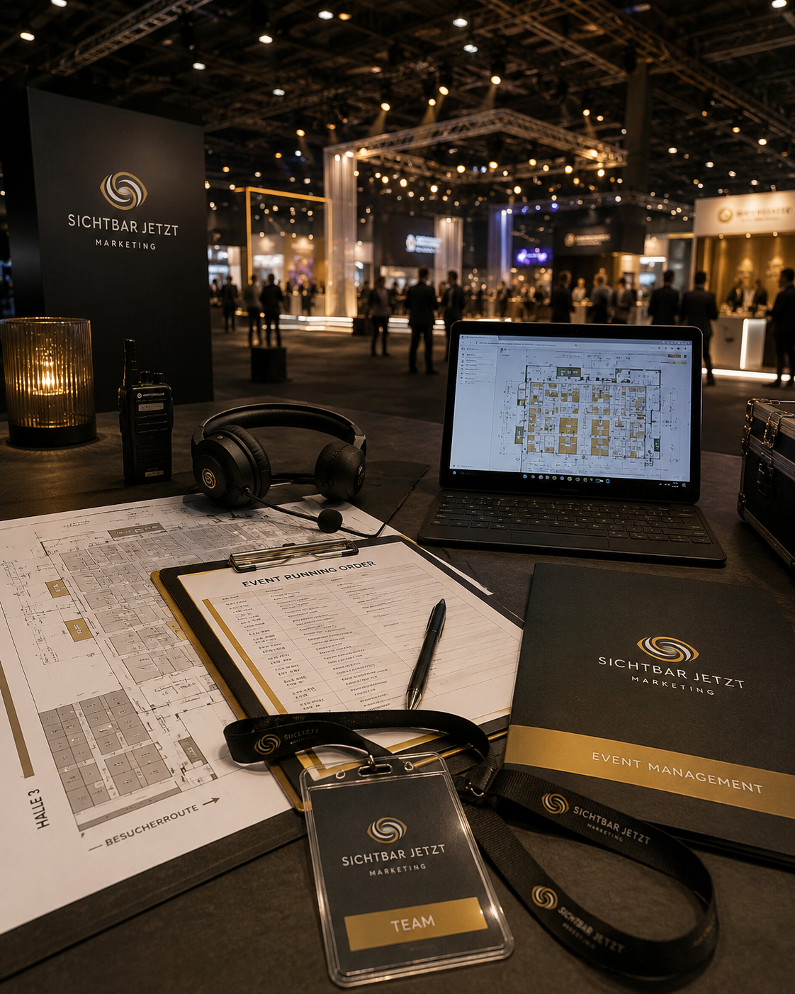 Messe- und Eventplanung mit Standplan, Ablaufunterlagen und Veranstaltungstechnik