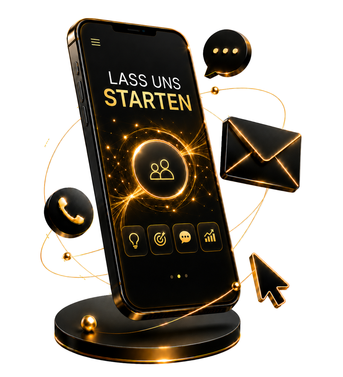 Kontaktgrafik mit Smartphone, E-Mail-Symbol, Telefon-Icon und Text „Lass uns starten“