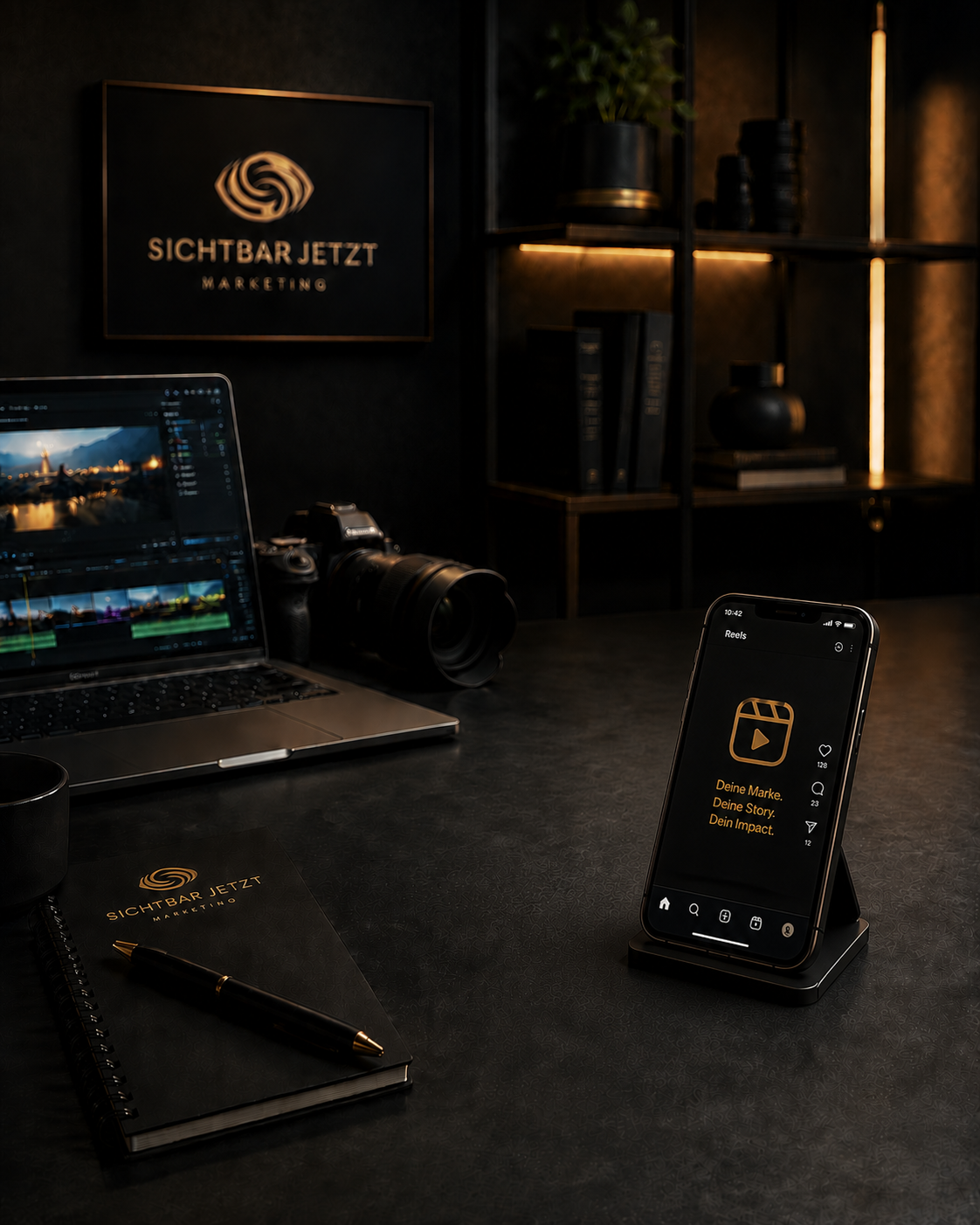 Social Media und Reels mit Smartphone, Videoschnitt, Kamera und Markenunterlagen